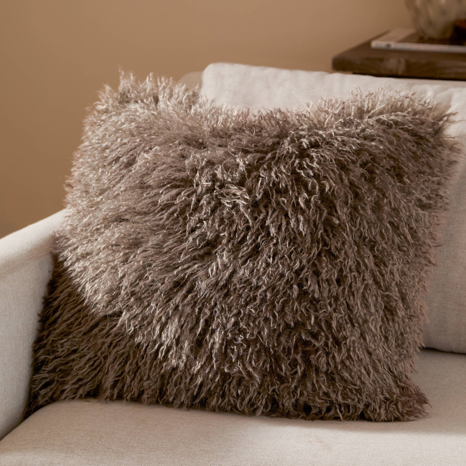 Rowan Faux Fur Cushion - Mocha, Feather Filled, 50 × 50cm